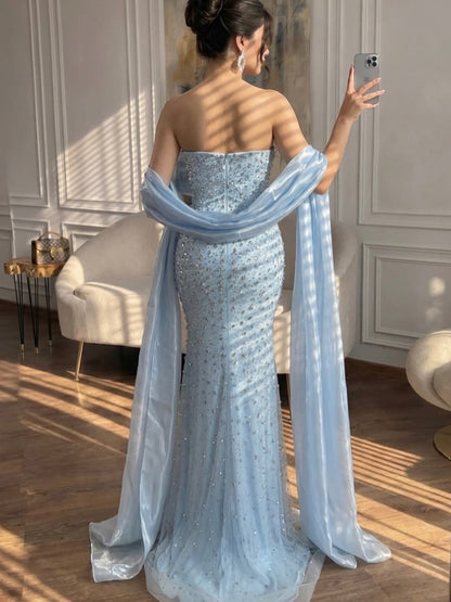 Luxury Pink Beaded Evening Dress with Scraf Formal Gown for Wedding Guest LA73225