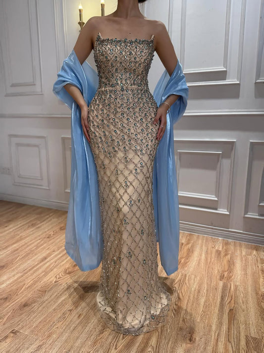 Luxury Blue Strapless Beaded Evening Dress with Scarf LA73226