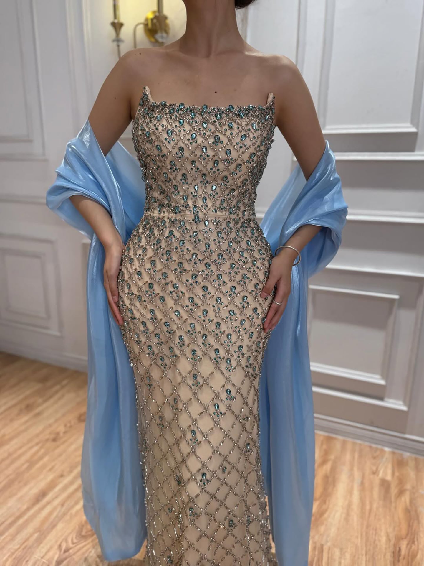 Luxury Blue Strapless Diamond Beaded Evening Dress with Scarf LA73226