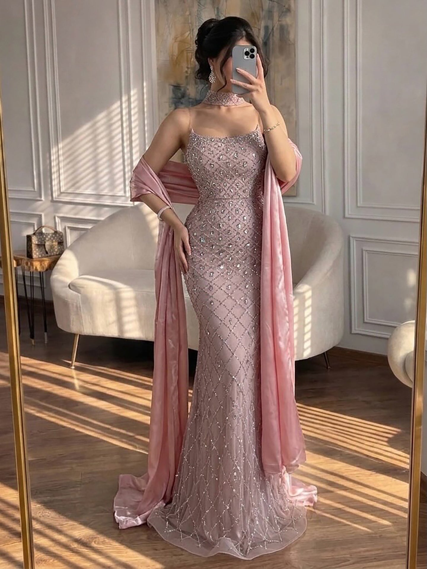 Luxury Blue Strapless Diamond Beaded Evening Dress with Scarf LA73226