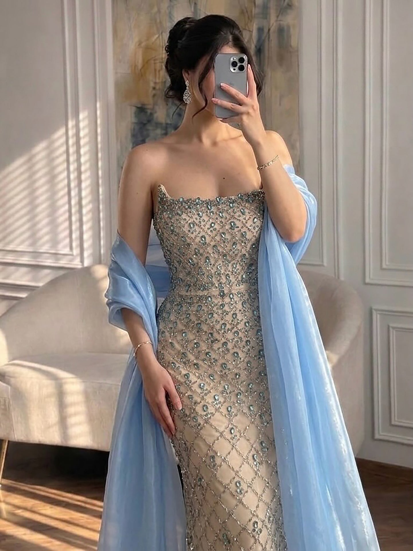 Luxury Blue Strapless Diamond Beaded Evening Dress with Scarf LA73226