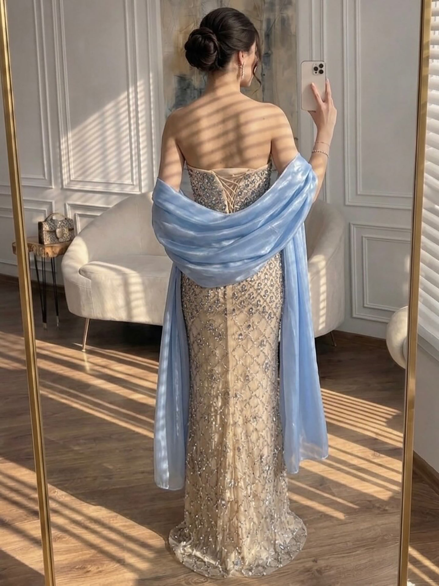 Luxury Blue Strapless Diamond Beaded Evening Dress with Scarf LA73226