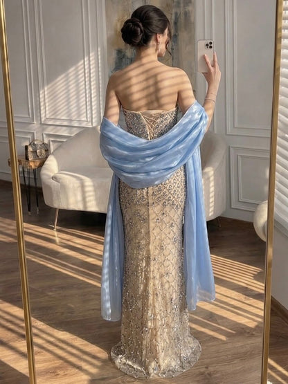 Luxury Blue Strapless Diamond Beaded Evening Dress with Scarf LA73226