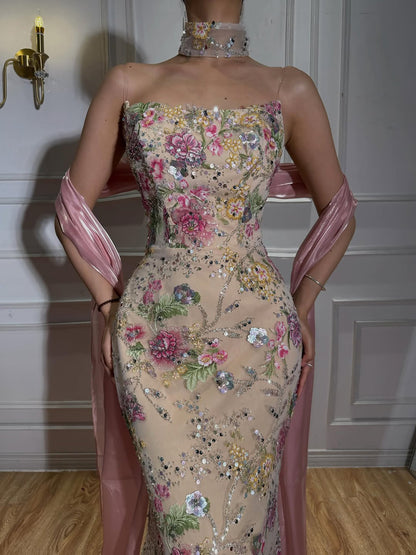 Elegant Pink Floral Tulle Strapless Mermaid Evening Dress with Shawl LA73226B