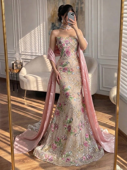 Elegant Pink Floral Tulle Strapless Mermaid Evening Dress with Shawl LA73226B