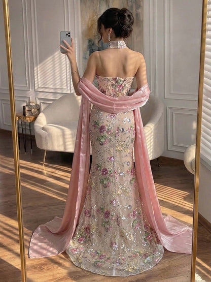 Elegant Pink Floral Tulle Strapless Mermaid Evening Dress with Shawl LA73226B