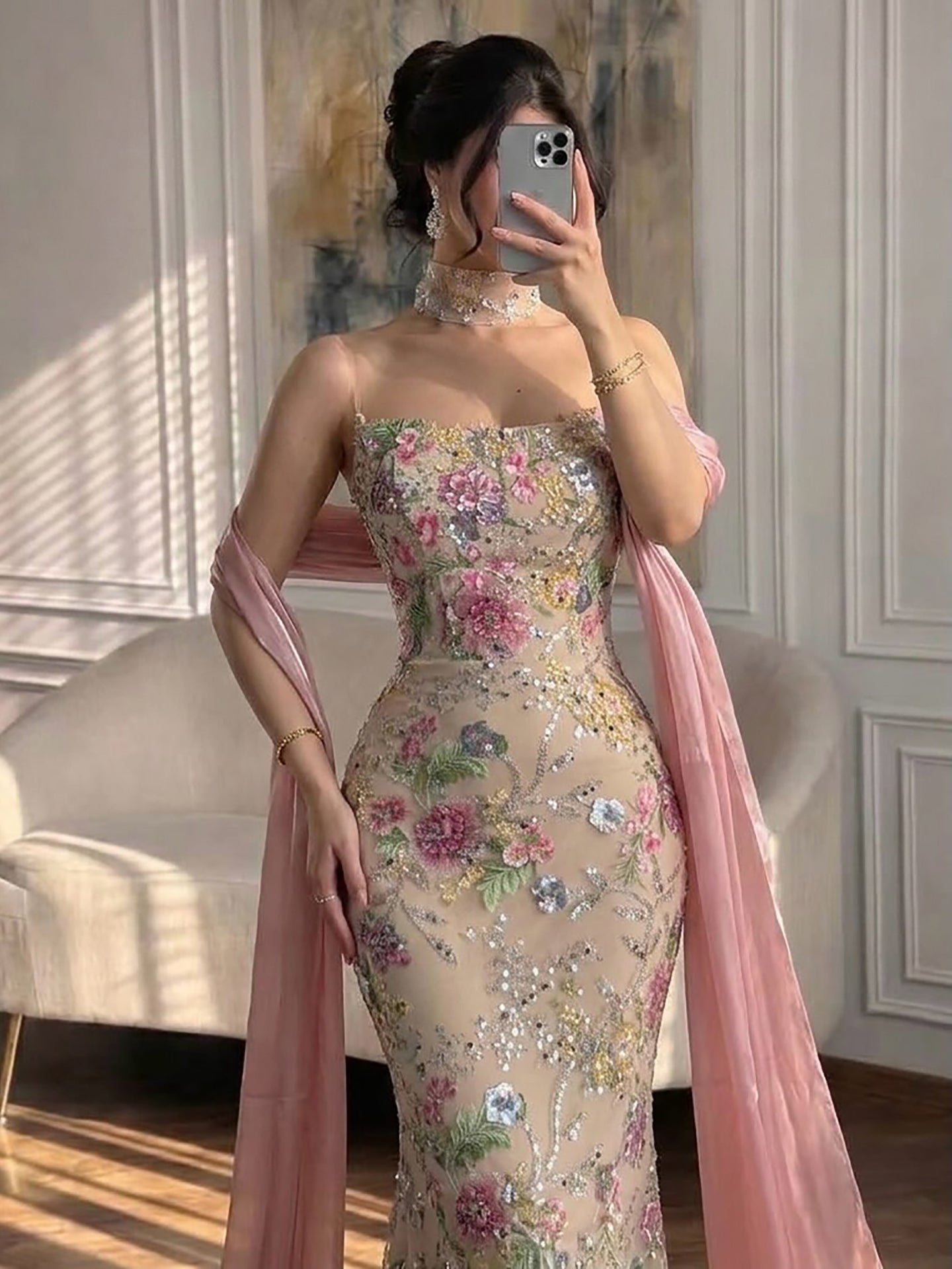 Elegant Pink Floral Tulle Strapless Mermaid Evening Dress with Shawl LA73226B
