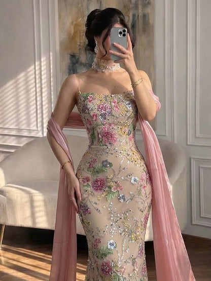 Elegant Pink Floral Tulle Strapless Mermaid Evening Dress with Shawl LA73226B