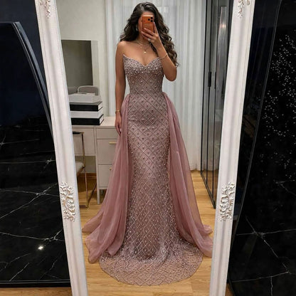 Luxury Pink Crystal Beaded Mermaid Evening Dress LA73226C
