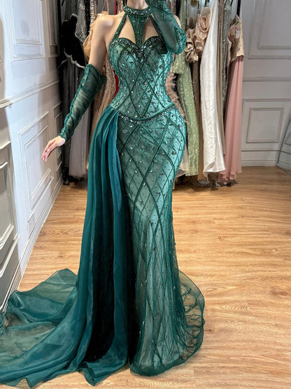 Emerald Green Halter Neck Beaded Mermaid Evening Dress with Gloves LA73322