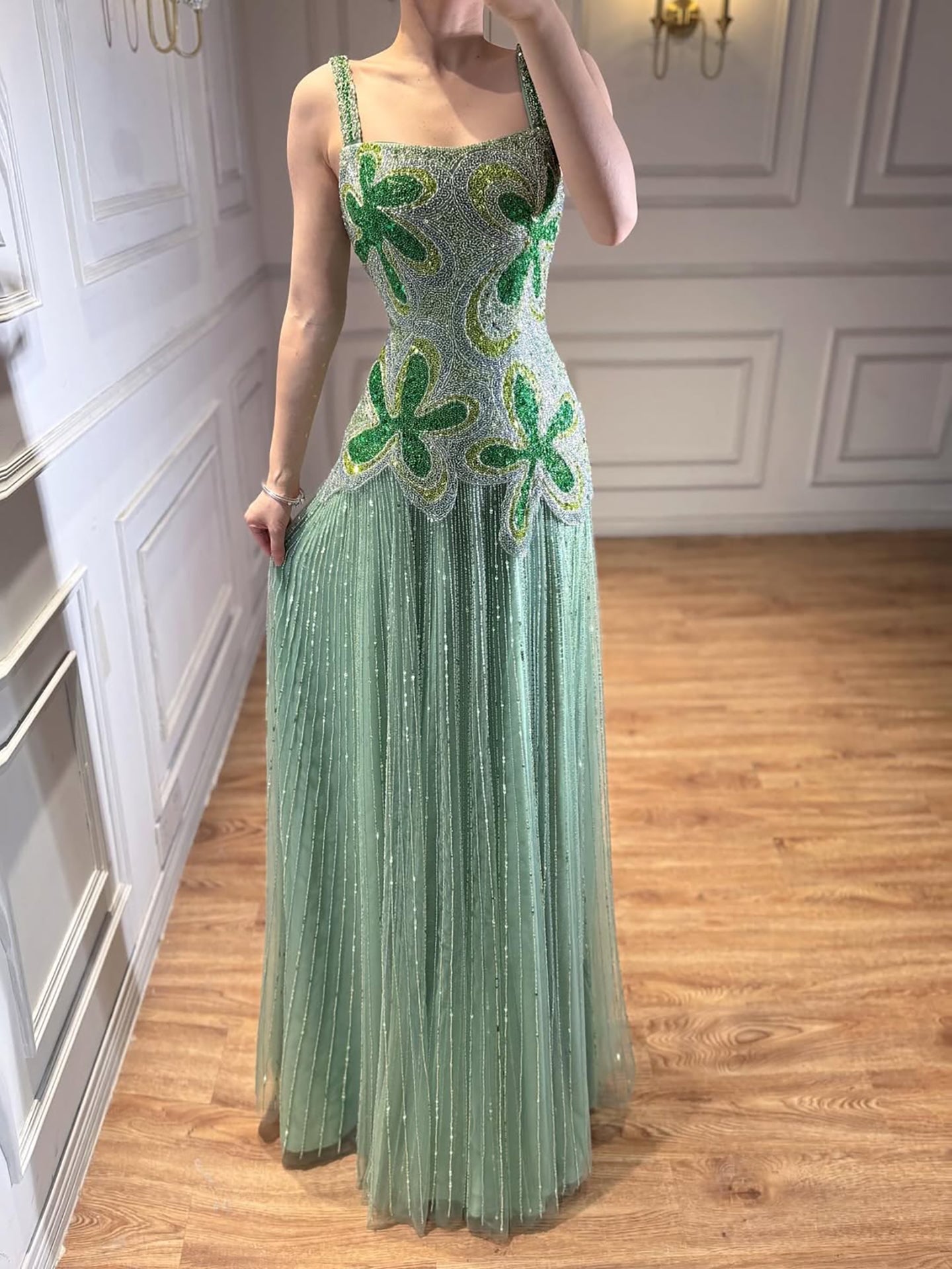 Luxury Arabic Green Beaded Spaghetti Strap Evening Dress LA73332