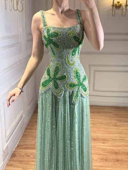 Luxury Arabic Green Beaded Spaghetti Strap Evening Dress LA73332