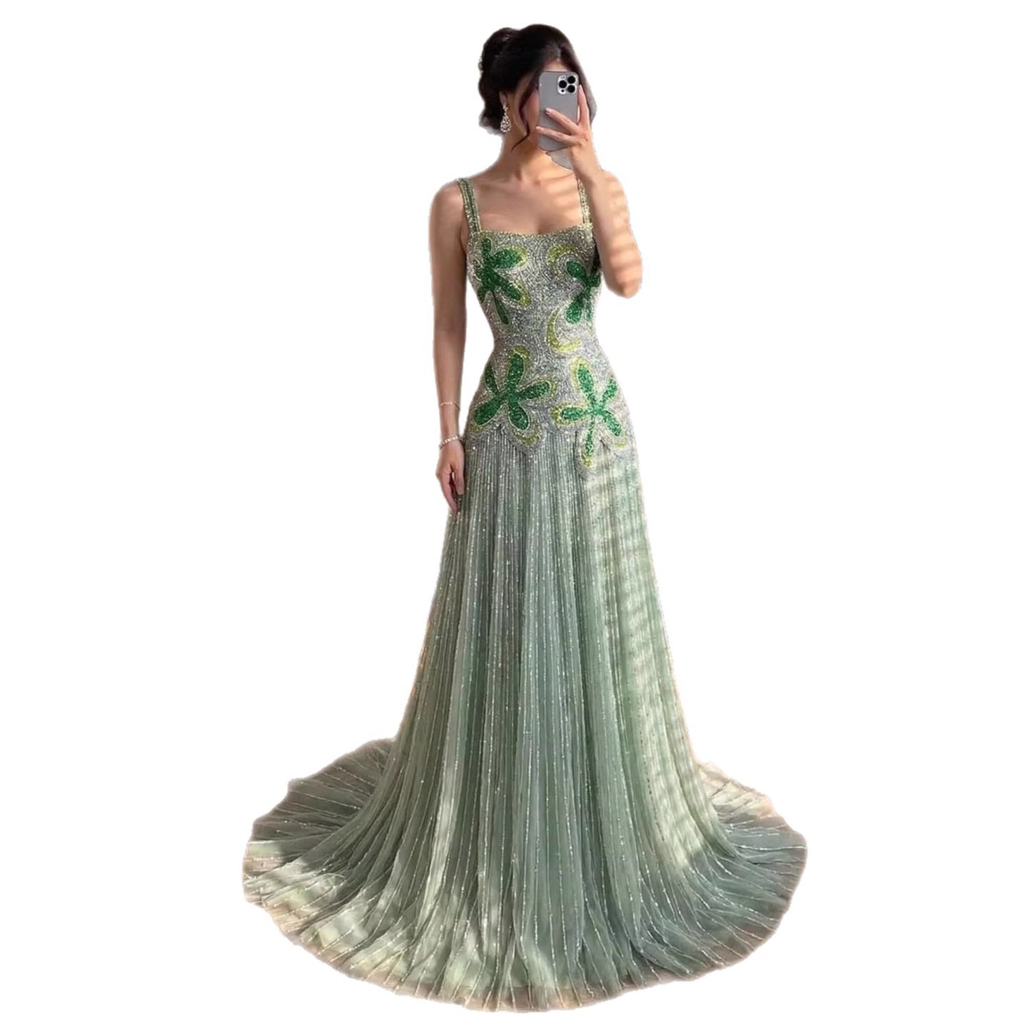 Luxury Arabic Green Beaded Spaghetti Strap Evening Dress LA73332