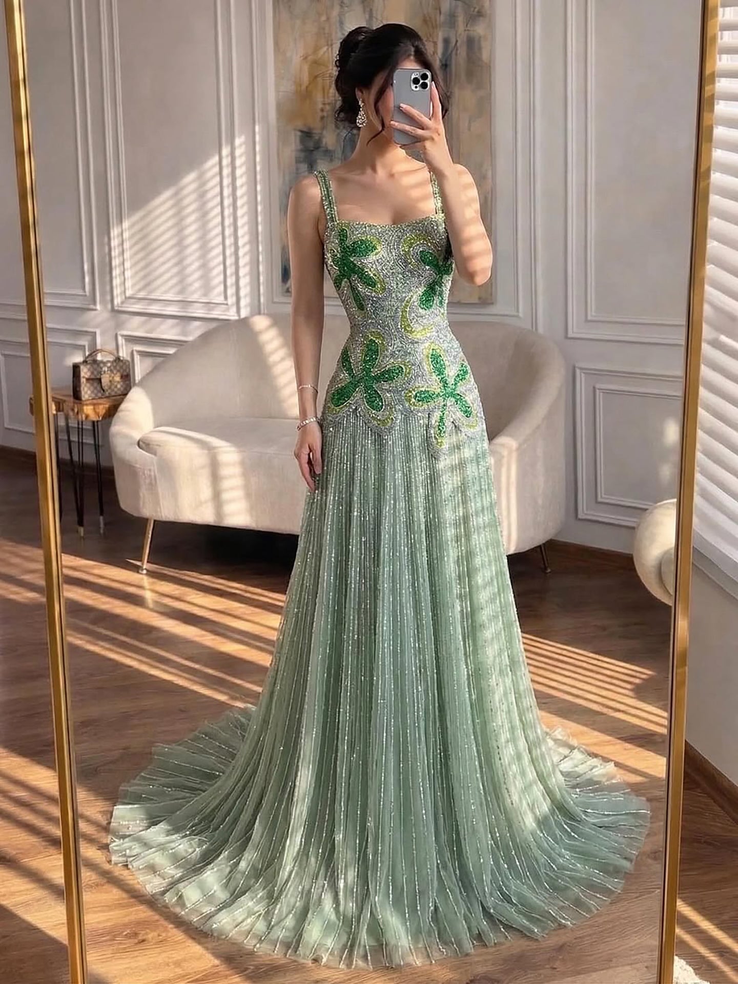 Luxury Arabic Green Beaded Spaghetti Strap Evening Dress LA73332