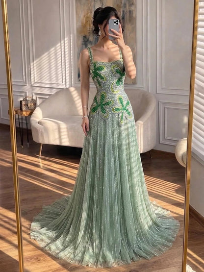 Luxury Arabic Green Beaded Spaghetti Strap Evening Dress LA73332