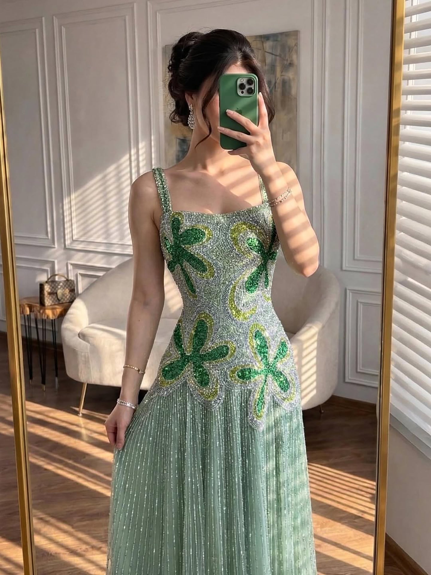 Luxury Arabic Green Beaded Spaghetti Strap Evening Dress LA73332