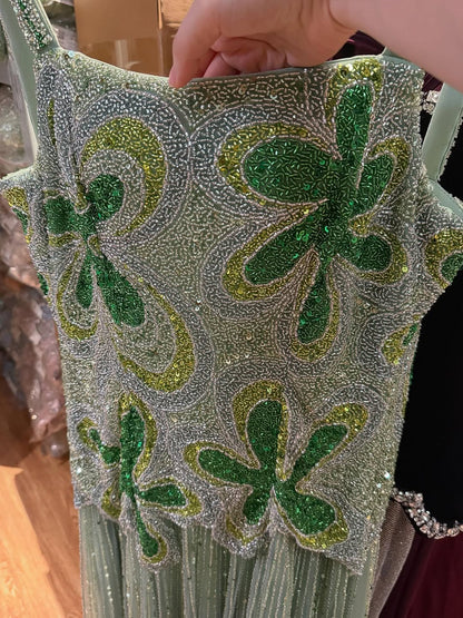 Luxury Arabic Green Beaded Spaghetti Strap Evening Dress LA73332