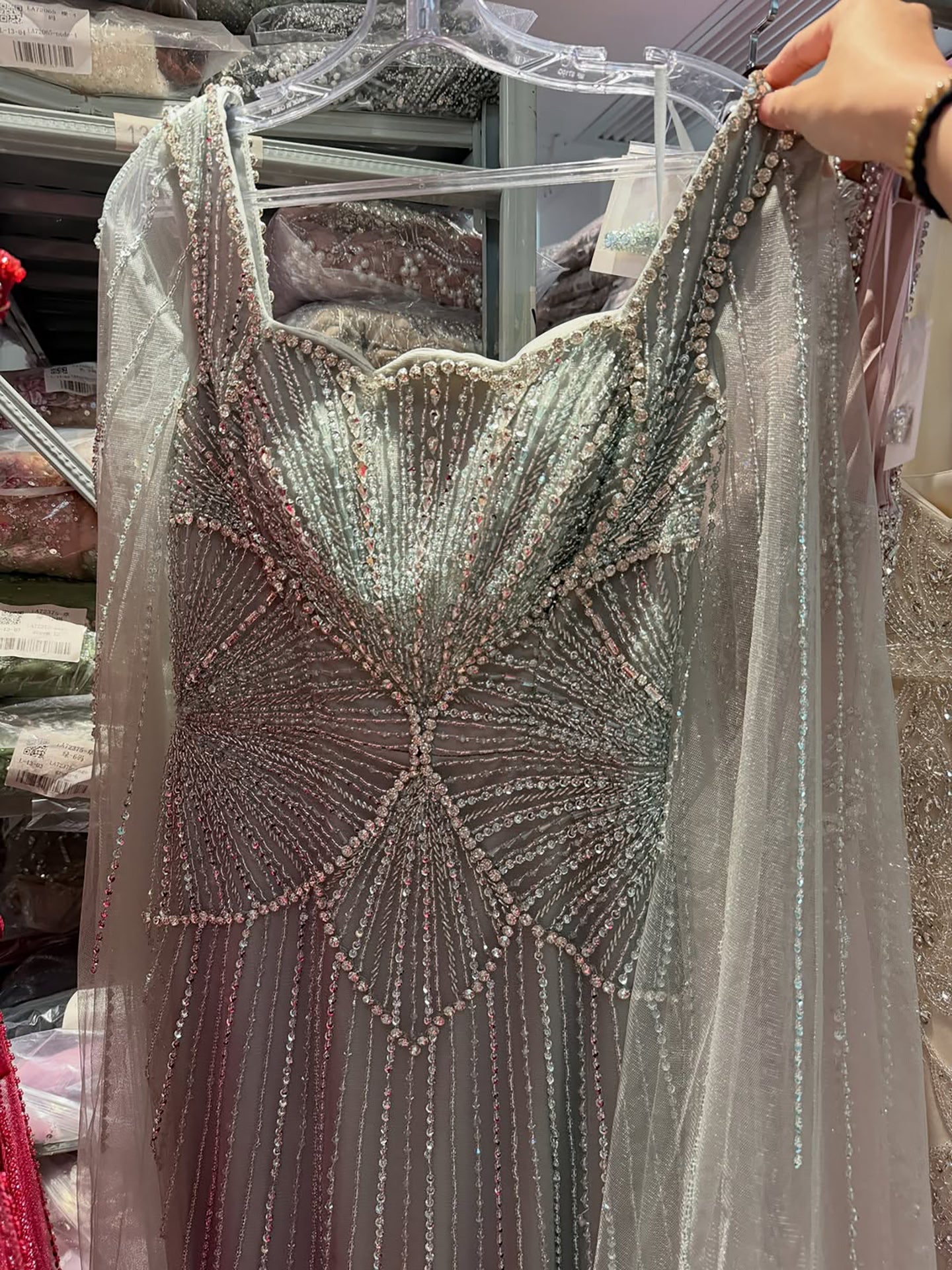 Luxury Beige Crystal Beaded Mermaid Gown with Split Cape Sleeves LA73333B