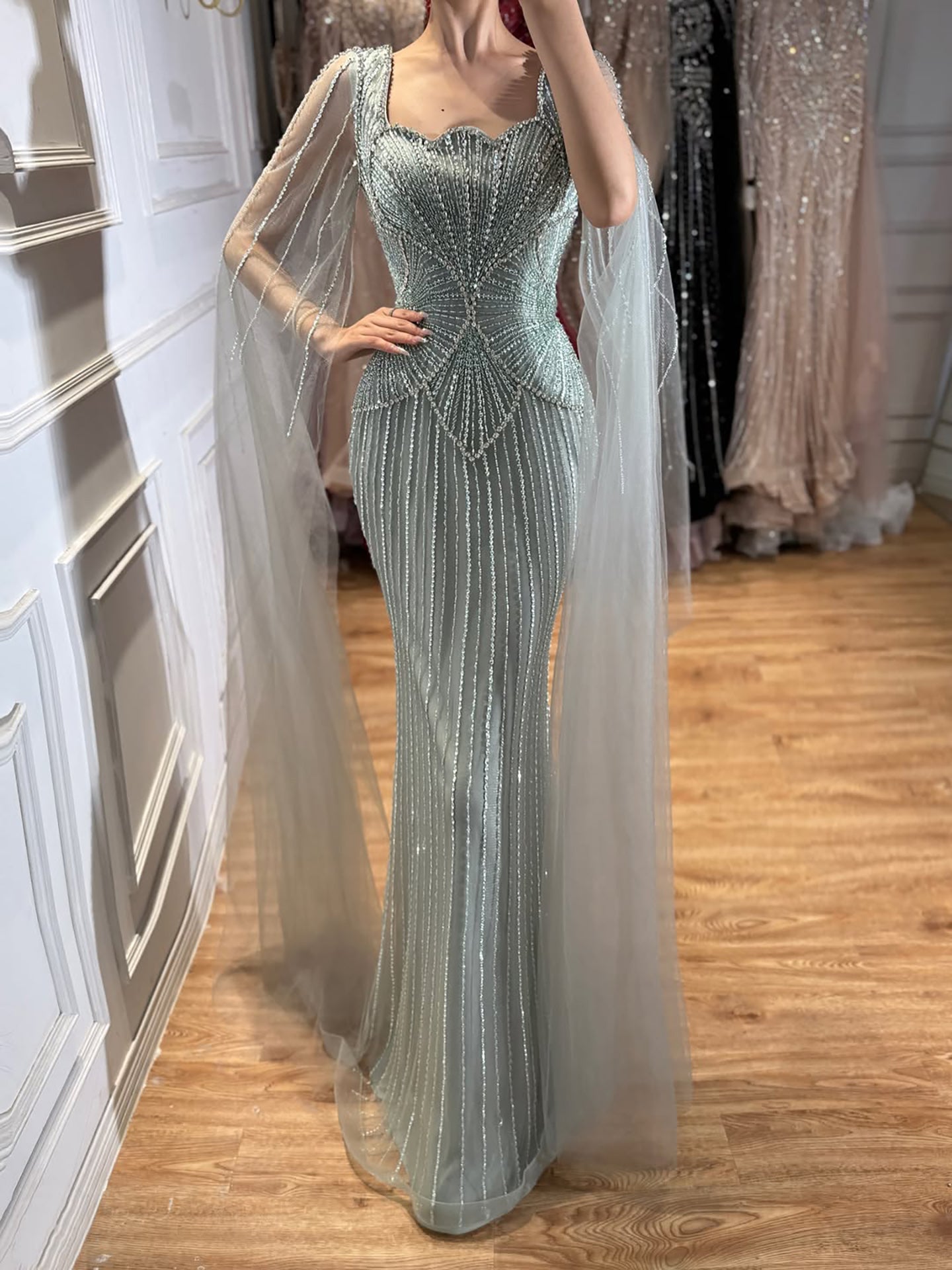 Luxury Beige Crystal Beaded Mermaid Gown with Split Cape Sleeves LA73333B