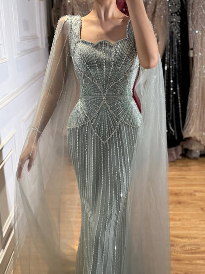 Luxury Beige Crystal Beaded Mermaid Gown with Split Cape Sleeves LA73333B