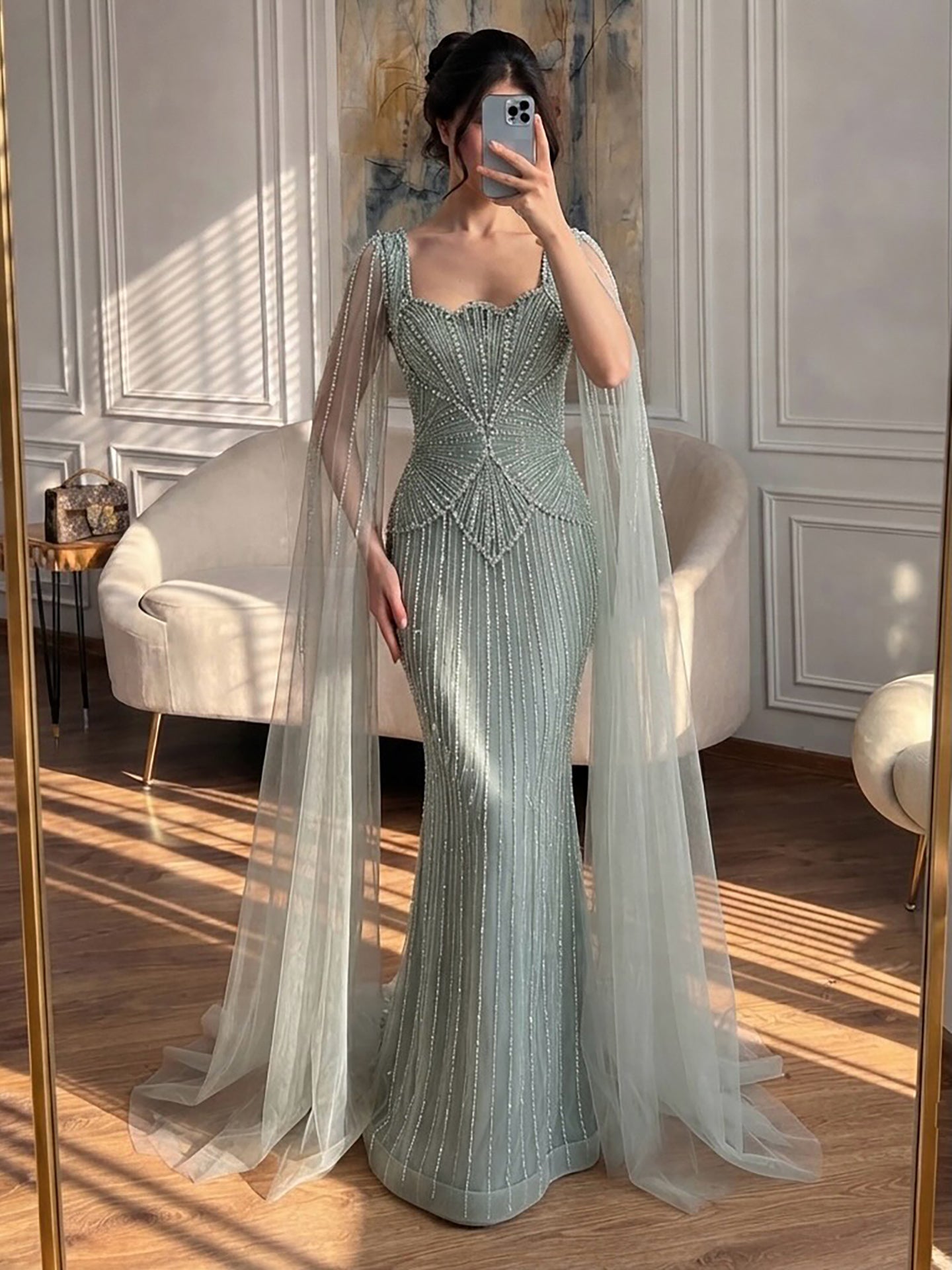 Luxury Beige Crystal Beaded Mermaid Gown with Split Cape Sleeves LA73333B