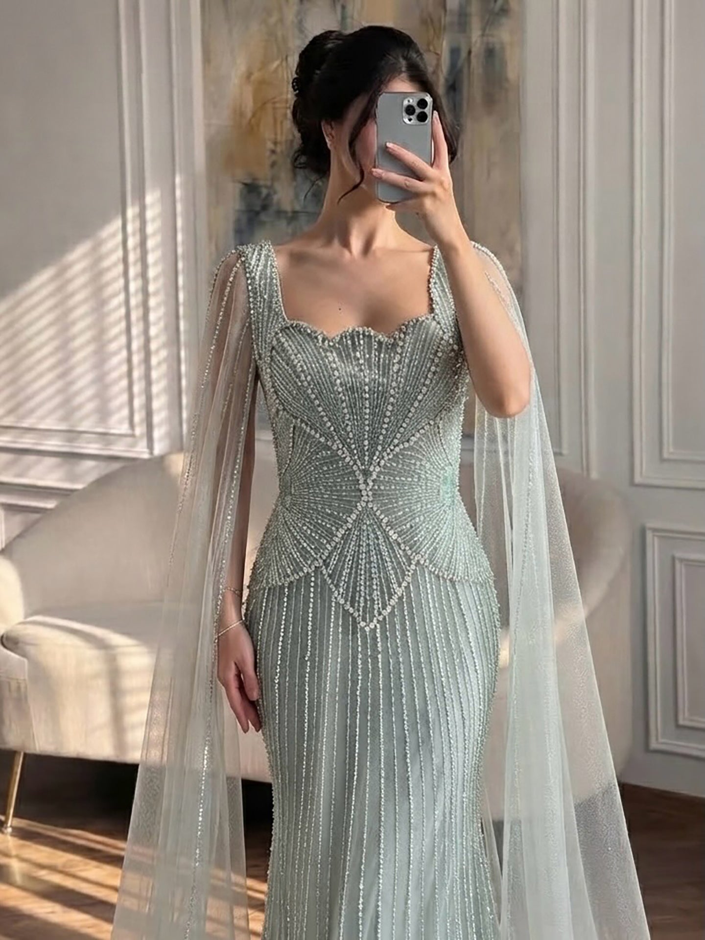 Luxury Beige Crystal Beaded Mermaid Gown with Split Cape Sleeves LA73333B