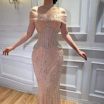 Luxury Caramel Beaded Corset Mermaid Two-Way Wear Evening Dress LA73336
