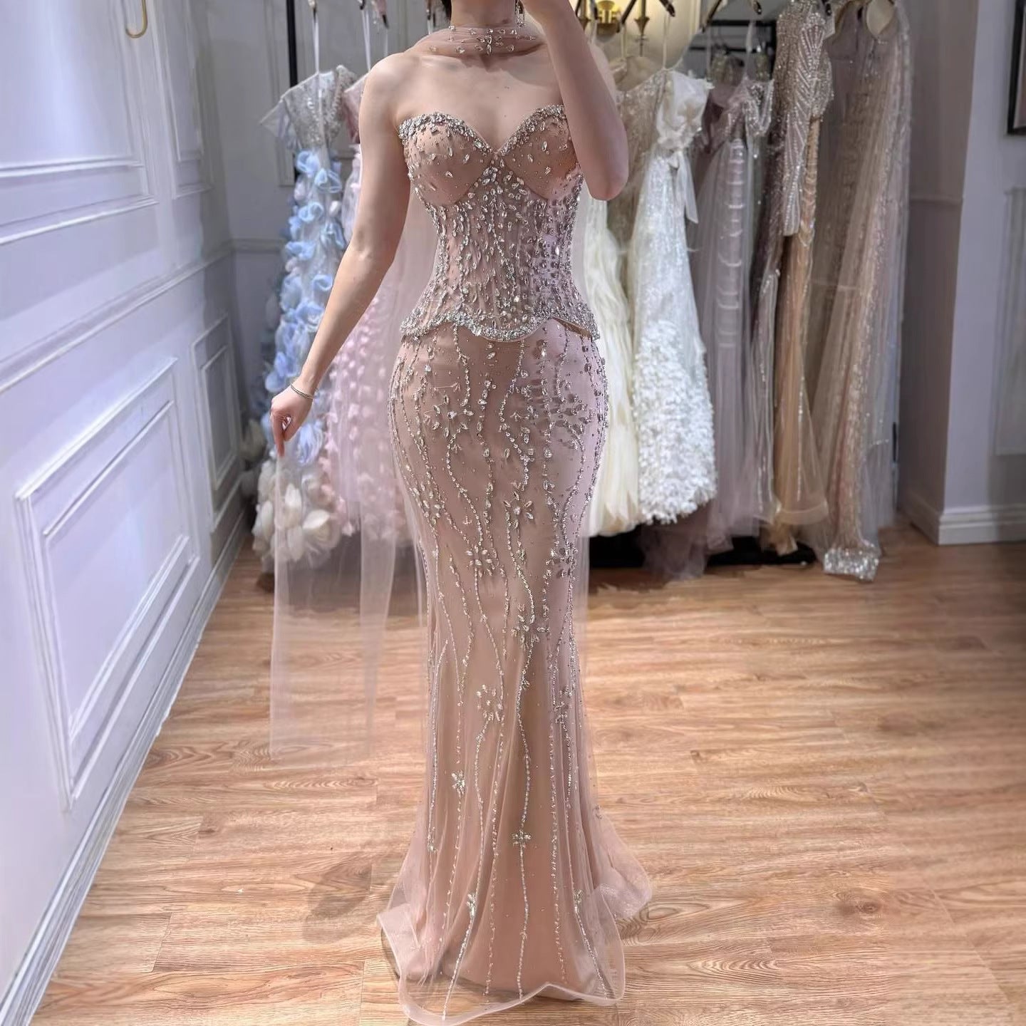 Luxury Caramel Beaded Corset Mermaid Two-Way Wear Evening Dress LA73336