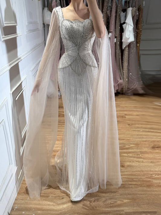 Beige Beaded Mermaid Cape Sleeves Luxury Evening Dress LA73333B