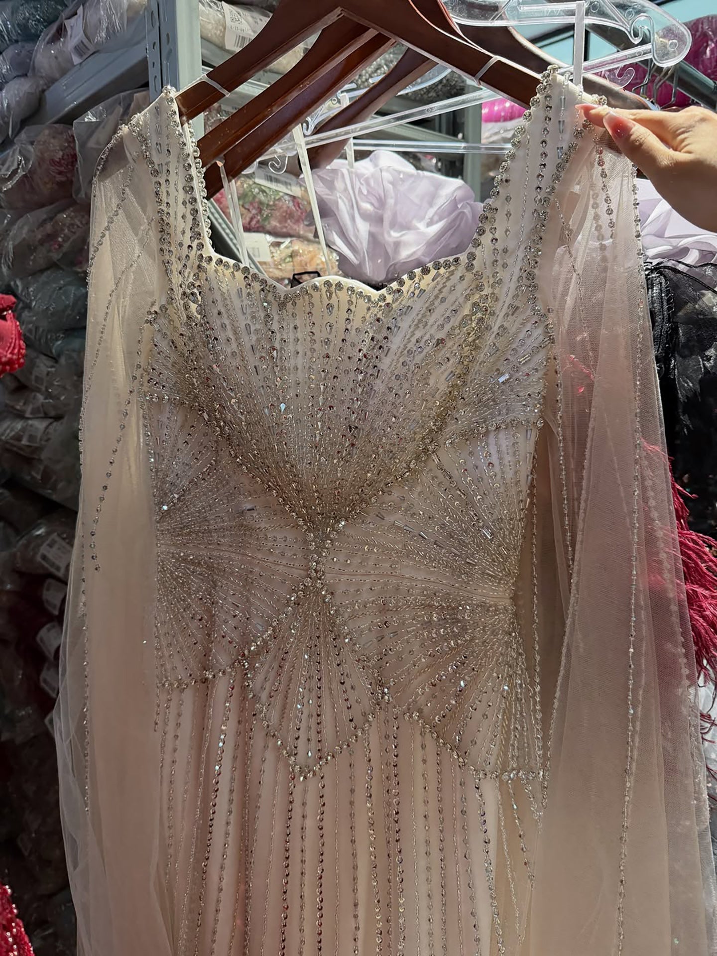 Luxury Beige Crystal Beaded Mermaid Gown with Split Cape Sleeves LA73333B