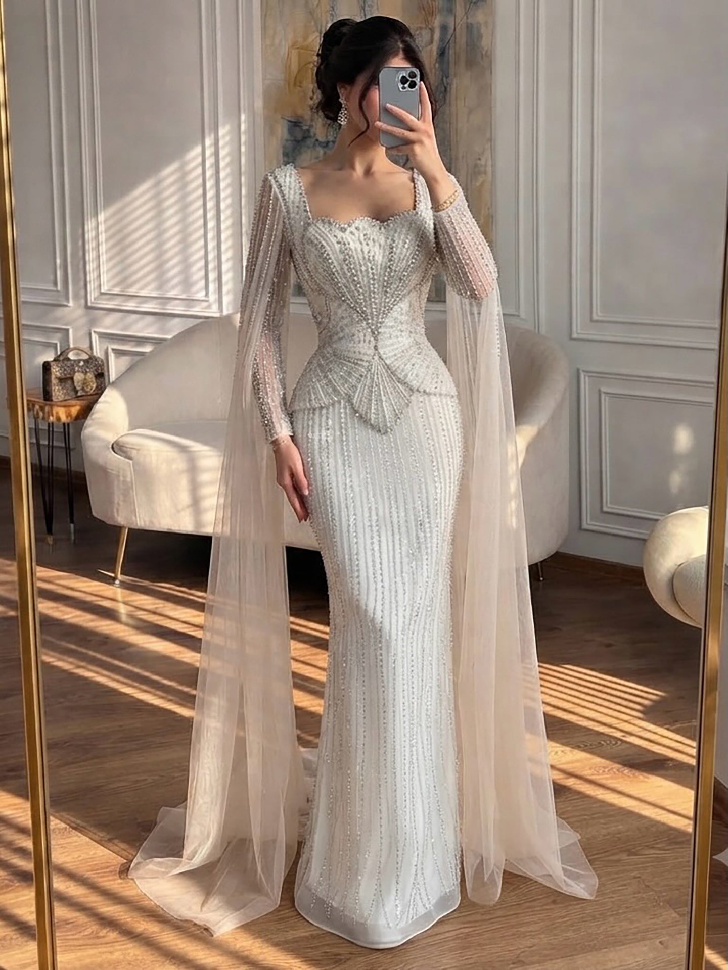 Luxury Beige Crystal Beaded Mermaid Gown with Split Cape Sleeves LA73333B