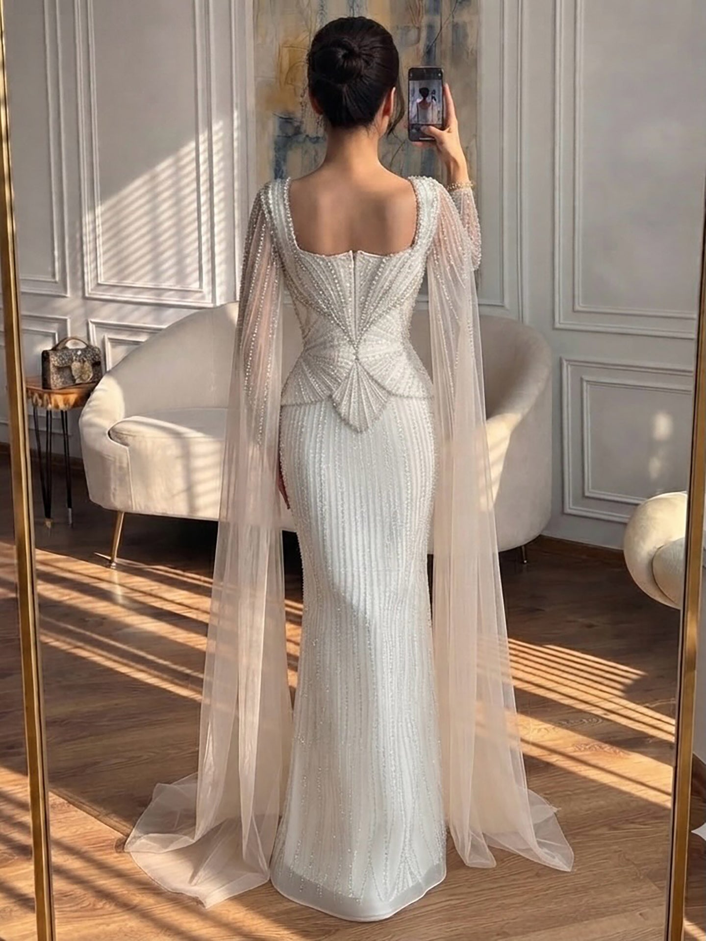 Luxury Beige Crystal Beaded Mermaid Gown with Split Cape Sleeves LA73333B