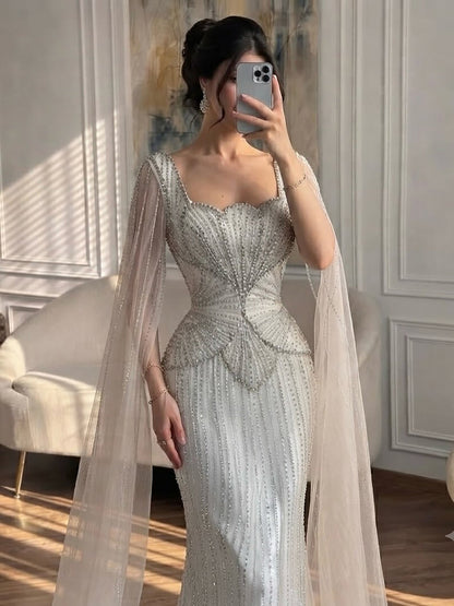 Luxury Beige Crystal Beaded Mermaid Gown with Split Cape Sleeves LA73333B