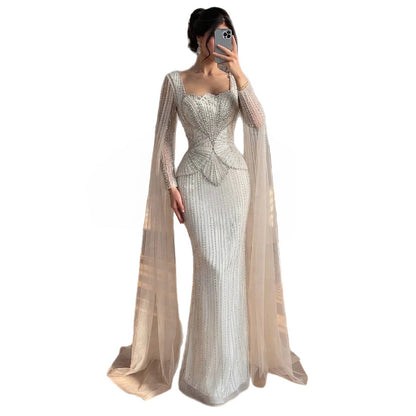Luxury Beige Crystal Beaded Mermaid Gown with Split Cape Sleeves LA73333B