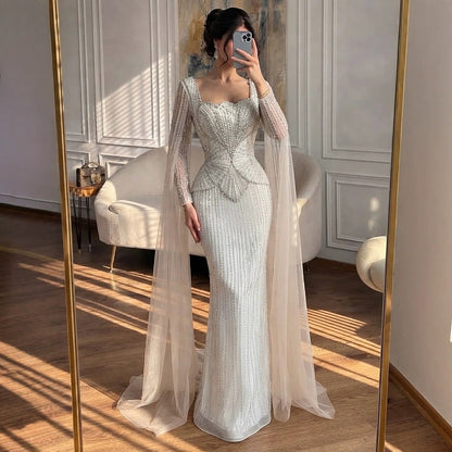 Luxury Beige Crystal Beaded Mermaid Gown with Split Cape Sleeves LA73333B