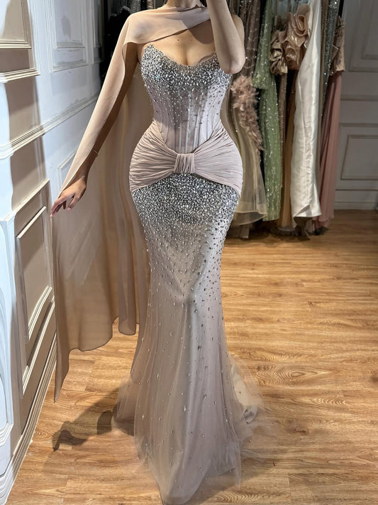 Nude Beaded Corset Mermaid Luxury Evening Dress with Cape LA73343