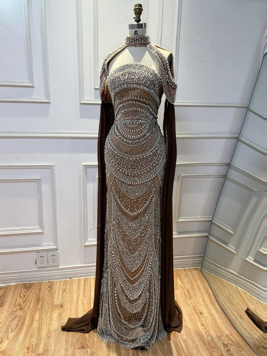 Luxury Caramel Kosovo Style Beaded Evening Dress with Cape LA73344