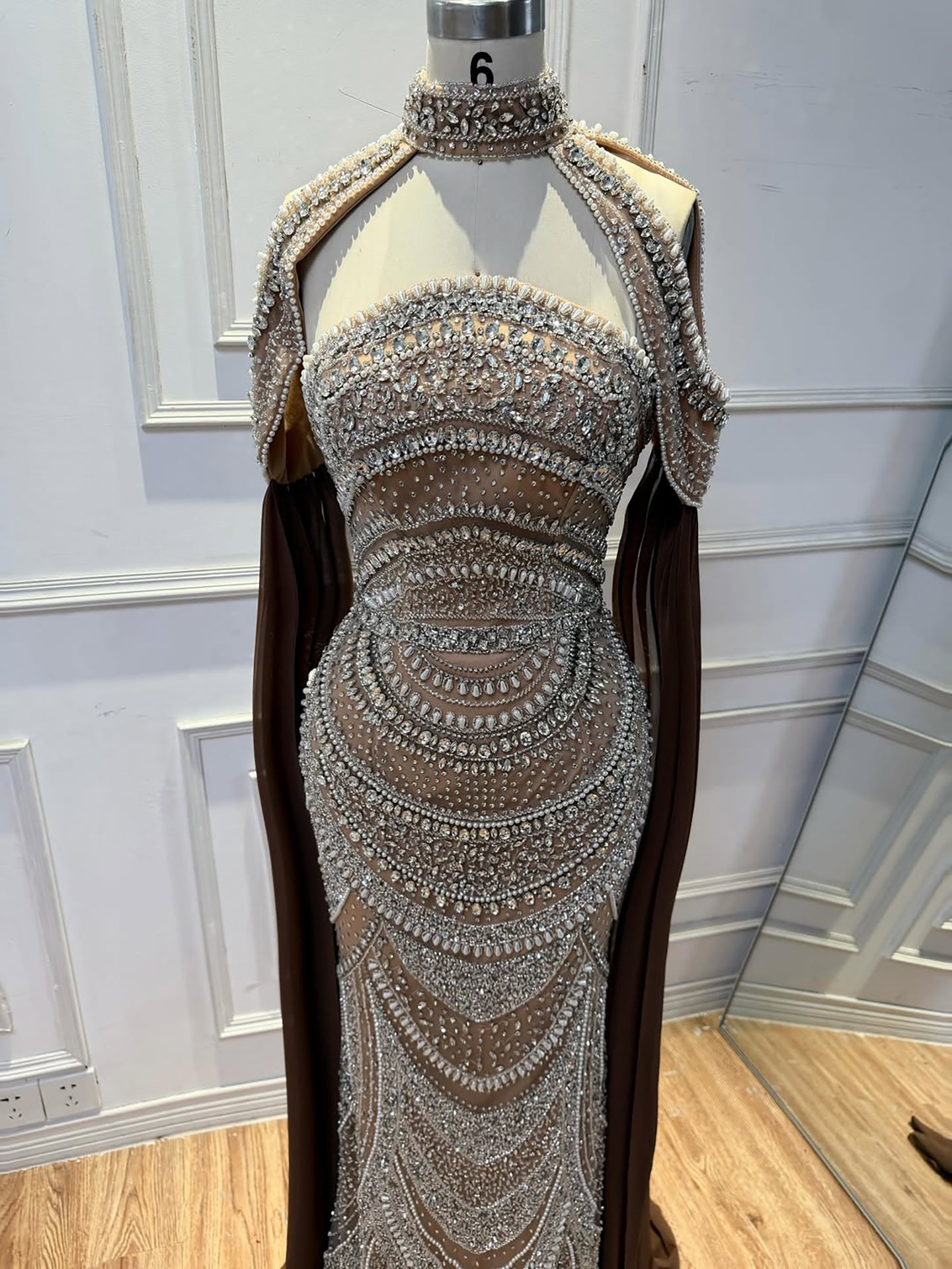 Luxury Caramel Kosovo Style Beaded Evening Dress with Cape LA73344