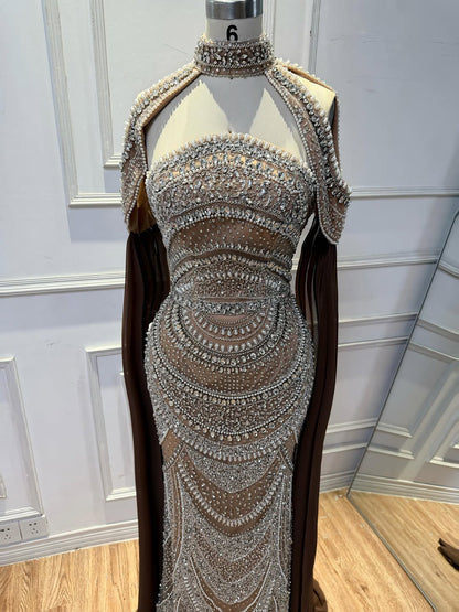 Luxury Caramel Kosovo Style Beaded Evening Dress with Cape LA73344