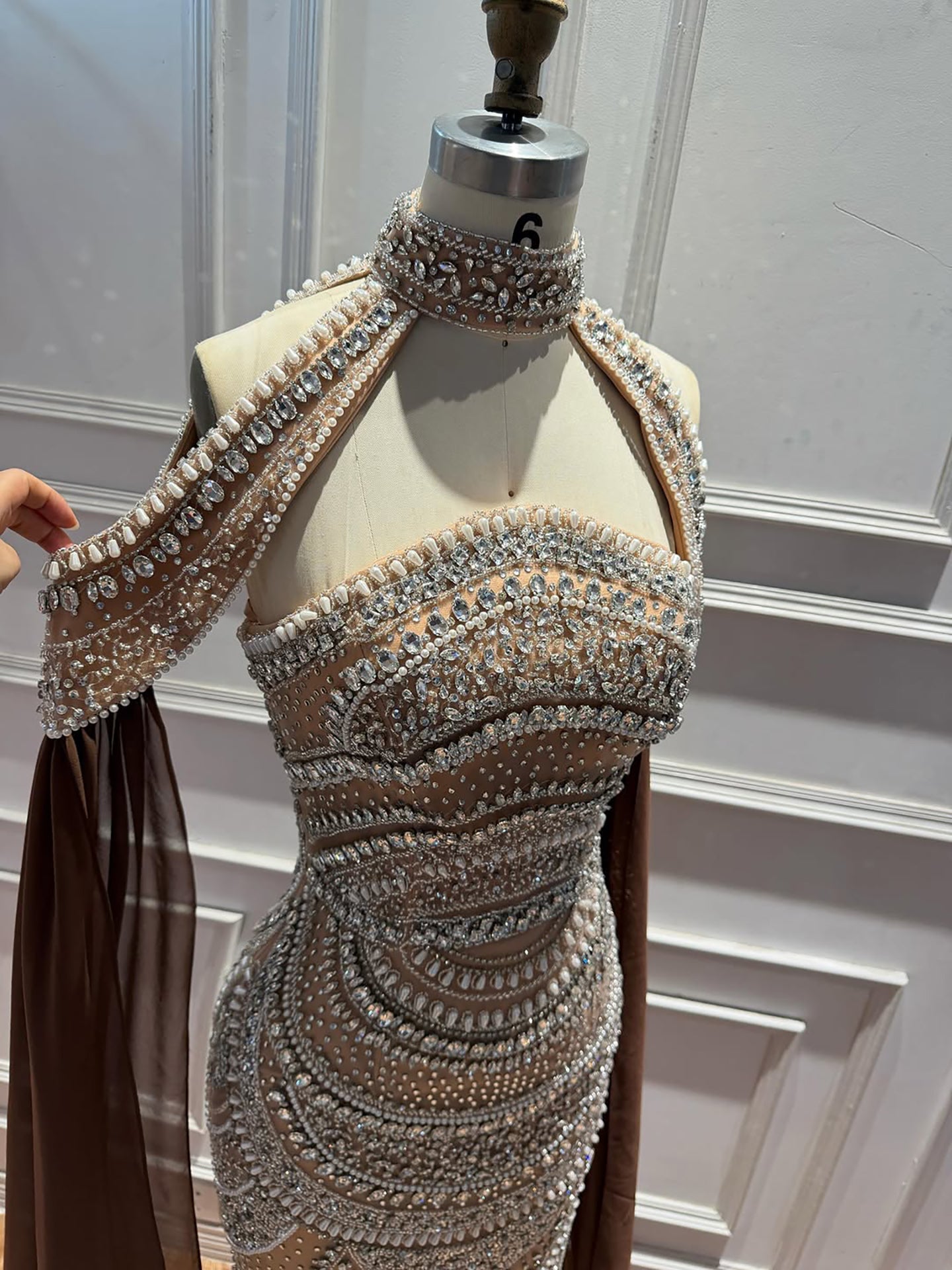 Luxury Caramel Kosovo Style Beaded Evening Dress with Cape LA73344