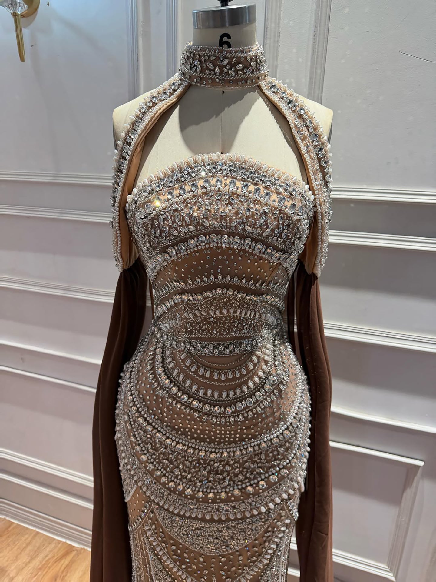 Luxury Caramel Kosovo Style Beaded Evening Dress with Cape LA73344