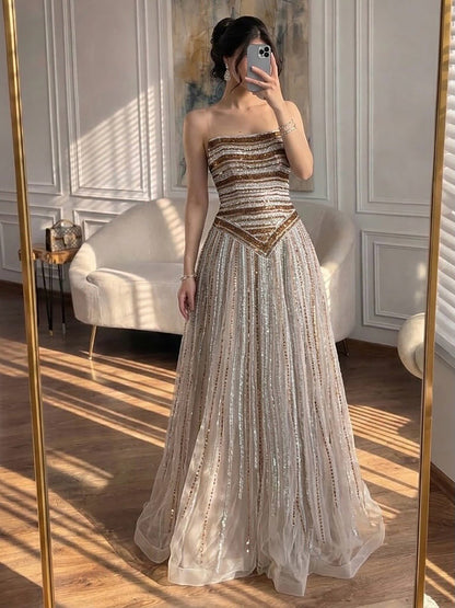 Luxury Caramel Beaded Arabic Style A-Line Strapless Evening Dress LA73359