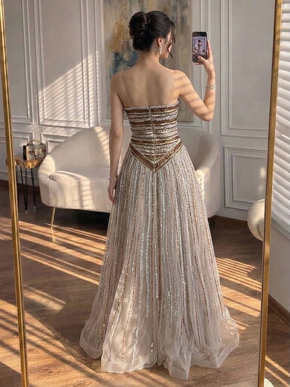 Luxury Caramel Beaded Arabic Style A-Line Strapless Evening Dress LA73359