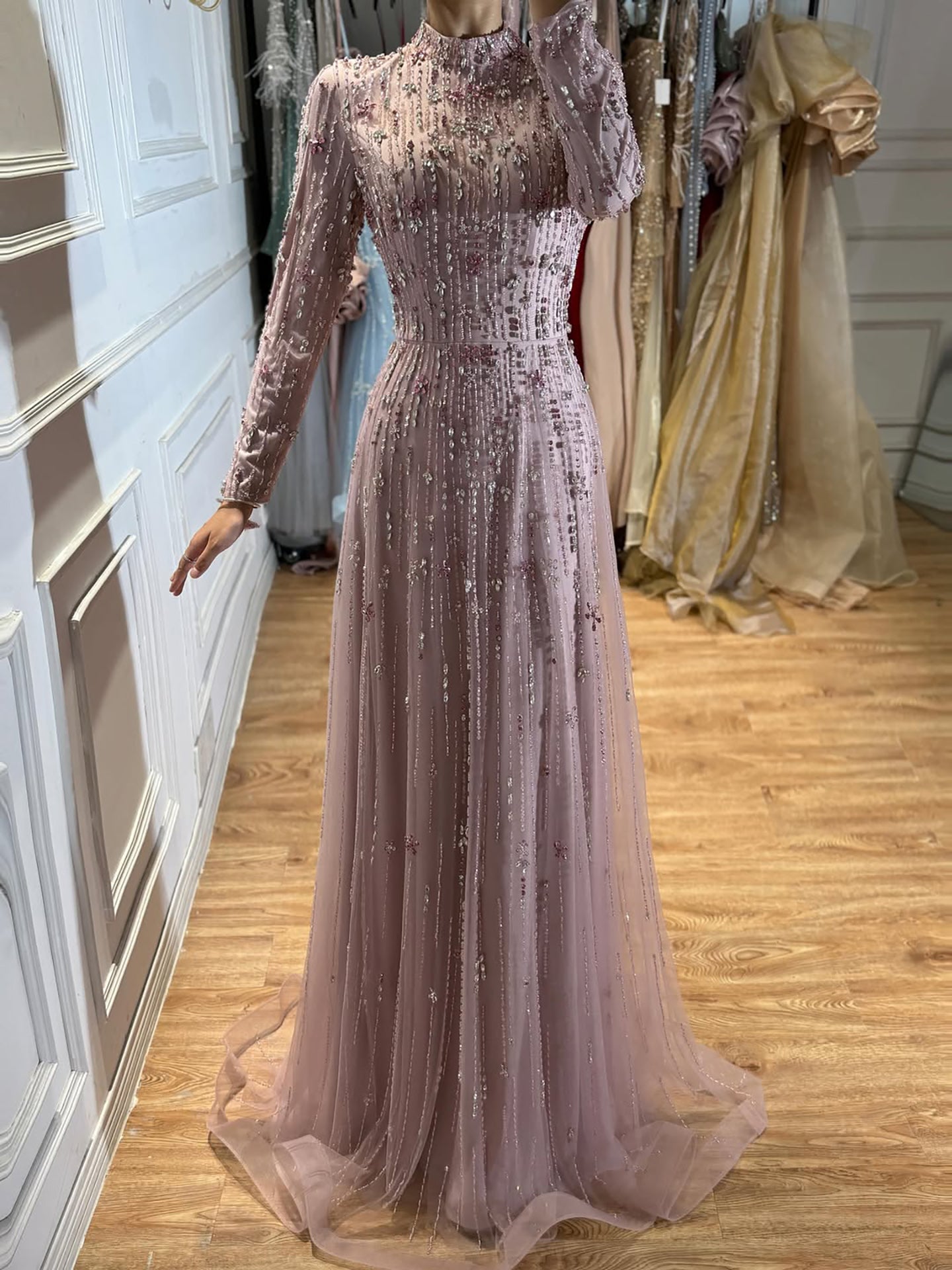 Luxury Modest  Pink Beaded Long Sleeve High Neck A Line Evening Dress LA73363