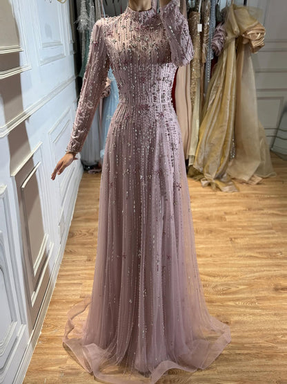 Luxury Modest  Pink Beaded Long Sleeve High Neck A Line Evening Dress LA73363