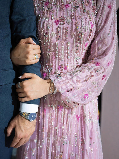 Luxury Modest  Pink Beaded Long Sleeve High Neck A Line Evening Dress LA73363