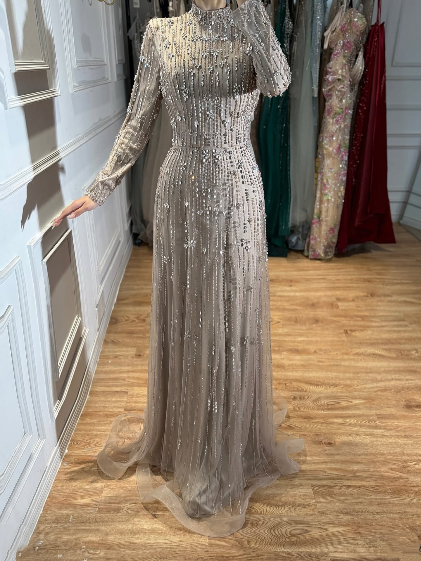 Luxury Modest  Pink Beaded Long Sleeve High Neck A Line Evening Dress LA73363