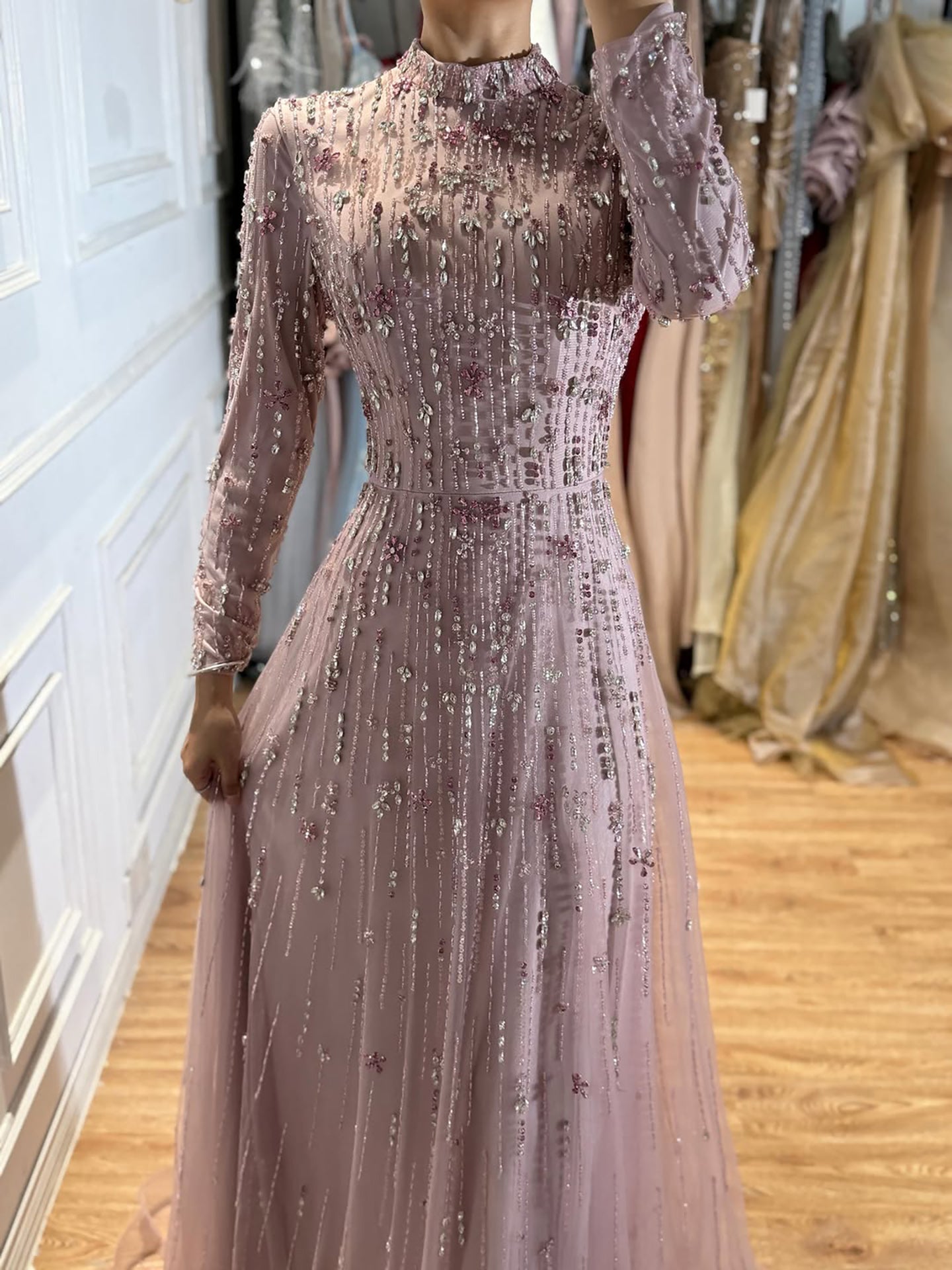 Luxury Modest  Pink Beaded Long Sleeve High Neck A Line Evening Dress LA73363