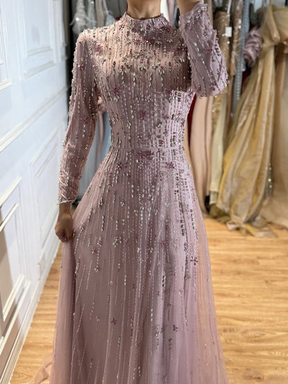 Luxury Modest  Pink Beaded Long Sleeve High Neck A Line Evening Dress LA73363
