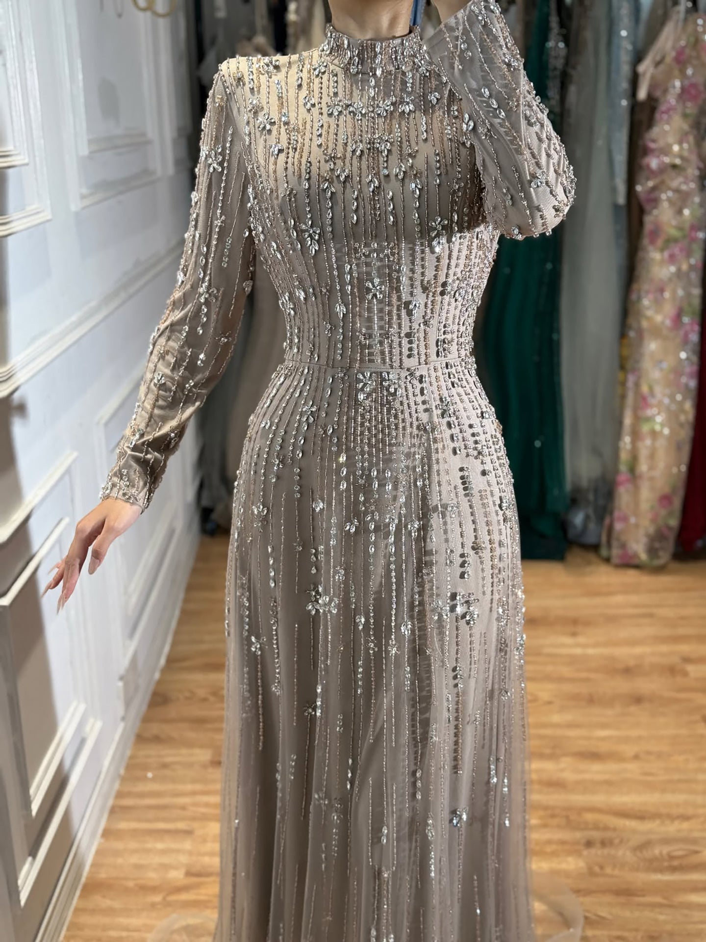 Luxury Modest  Pink Beaded Long Sleeve High Neck A Line Evening Dress LA73363